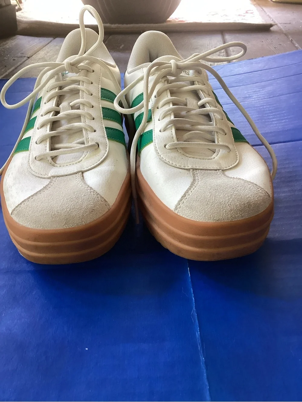 adidas White Sneakers with Green Stripes and Gum Sole, size 8.5